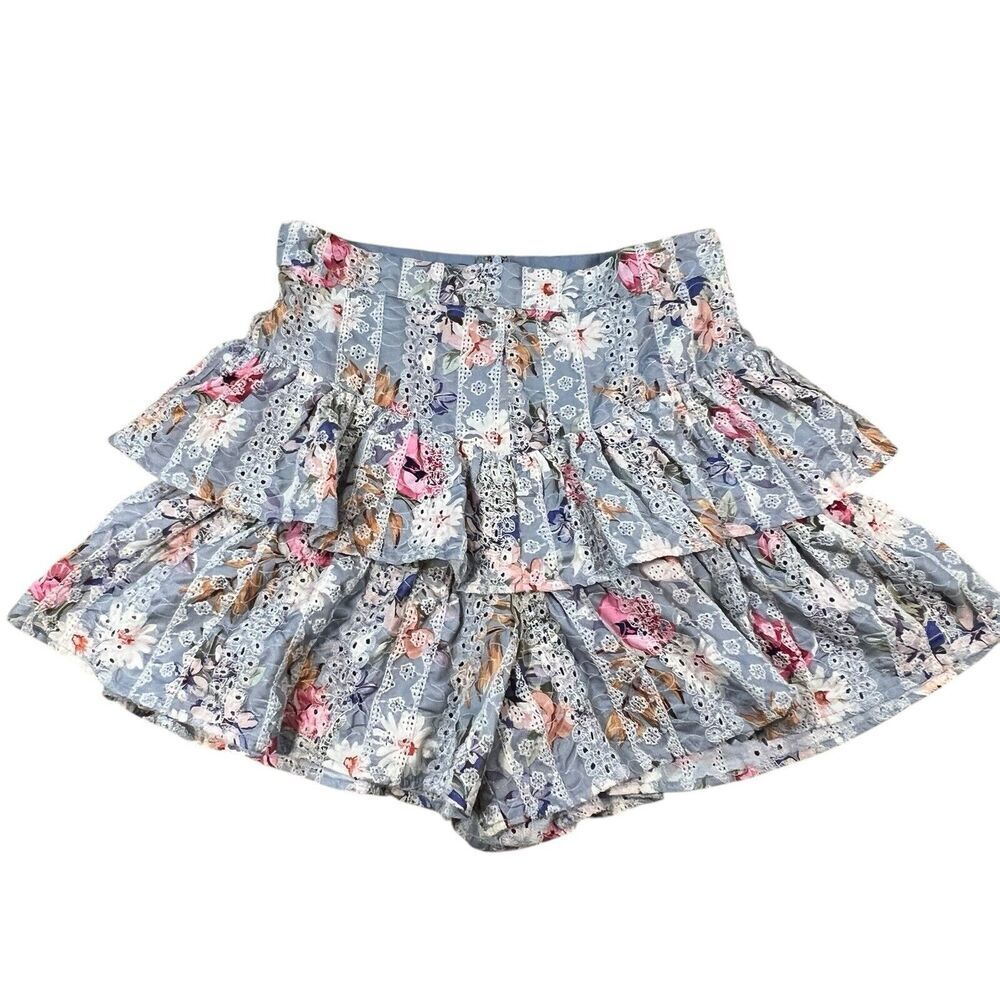 Dance & Marvel Floral Ruffle Layered Light Blue Chambray Lace Shorts Size Large